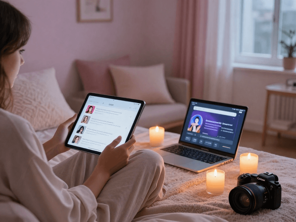 Engaging individual using sex AI technology on a tablet in a cozy bedroom setting.