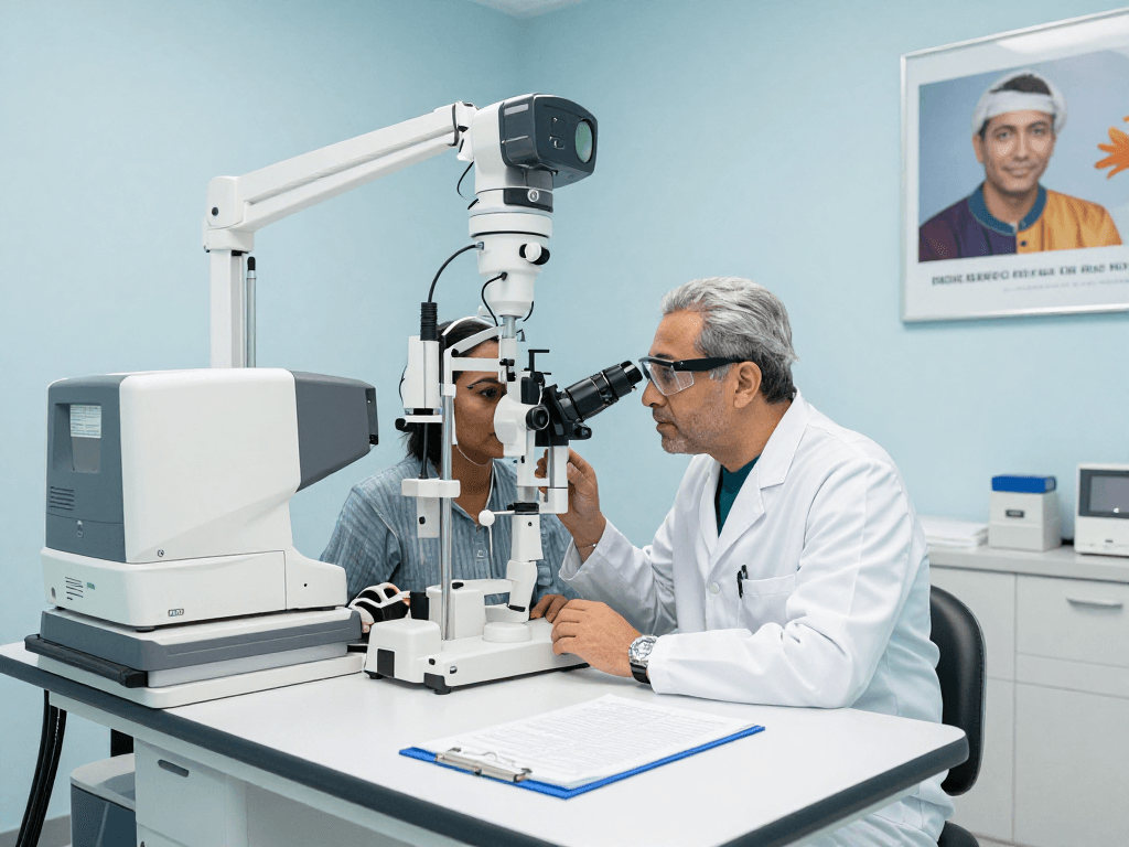 Cataract surgeon in UAE consulting patient in modern ophthalmology clinic, showcasing advanced medical technology and compassionate care.