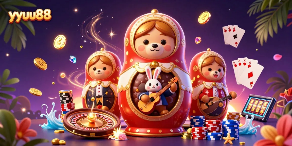 Win exciting rewards at yyuu88 with a vibrant 3D casino illustration highlighting engaging characters and games.