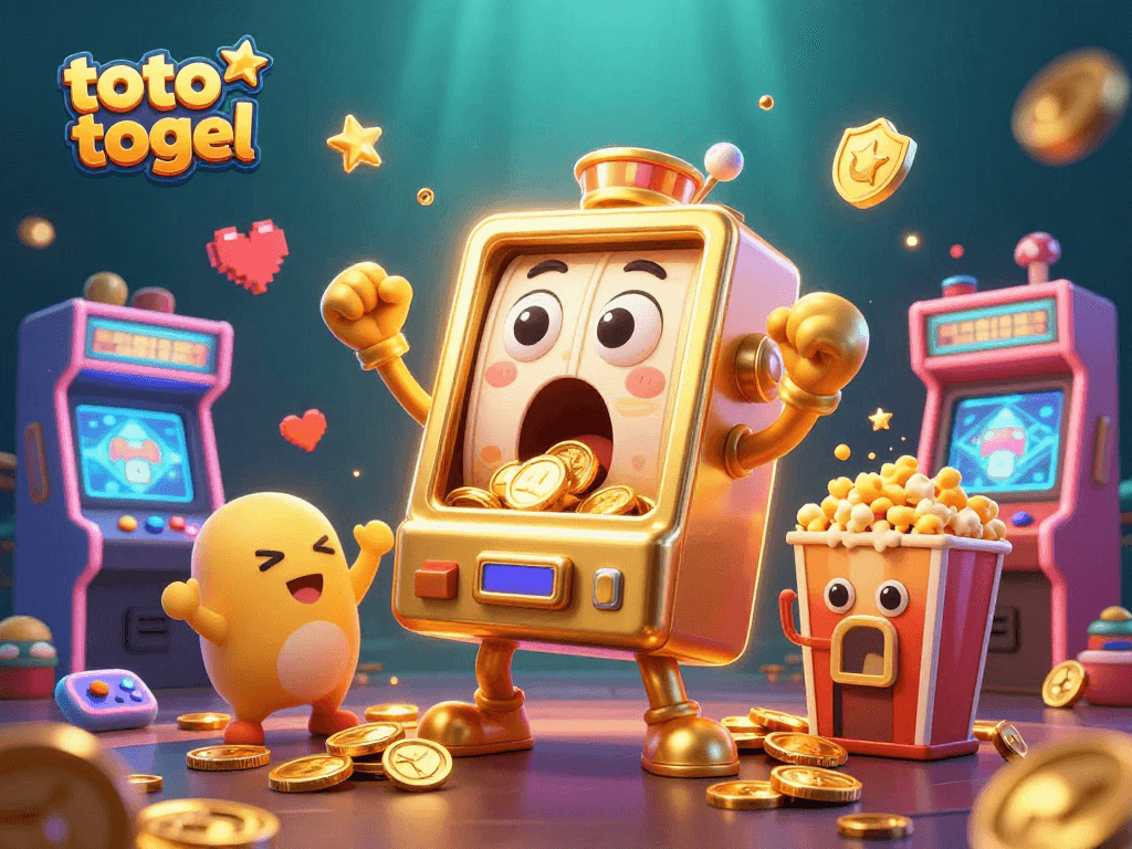 Immerse in the vibrant world of toto togel with a golden slot machine hitting a jackpot, coins pouring out in celebration.