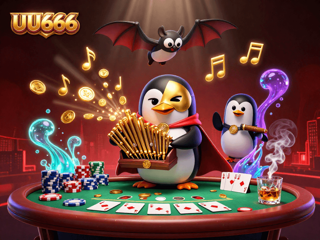 Experience the thrill of UU666 casino gaming with a vibrant scene of a phantom opera penguin at a poker table.