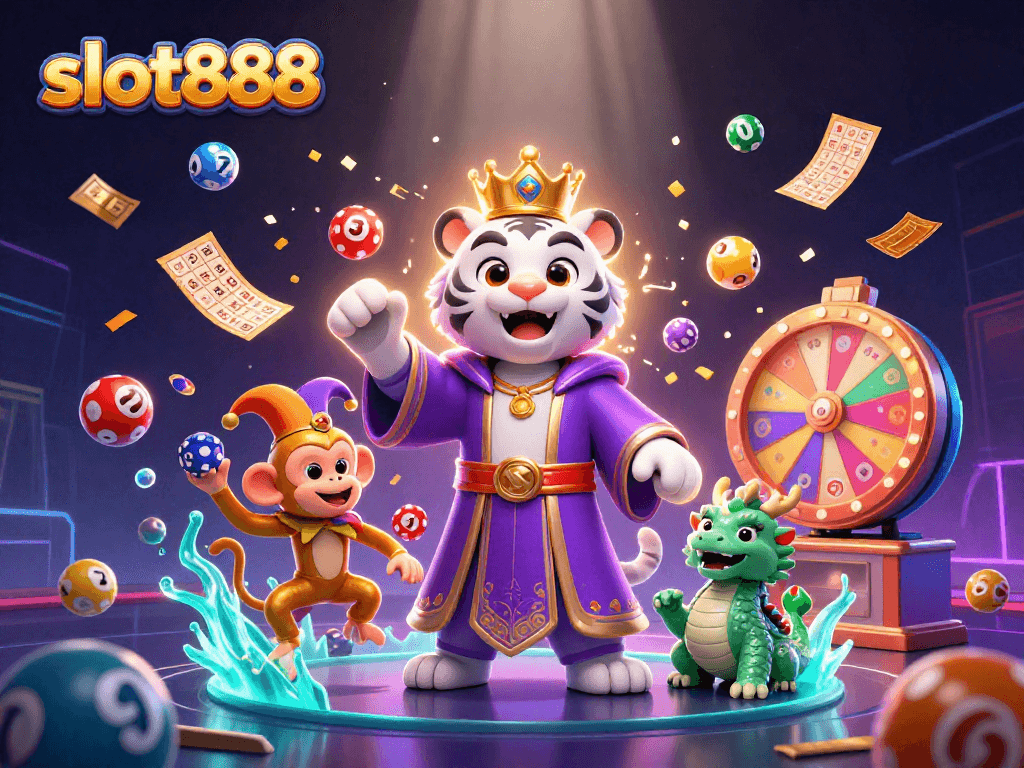 Memenangkan permainan di slot888 dengan ilustrasi karakter unik, harimau putih bergaya kerajaan dan monyet yang bersenang-senang.