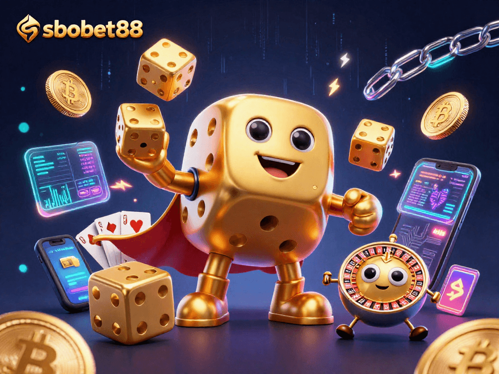 Engage with sbobet88 through vibrant 3D casino illustration showcasing dynamic gambling elements.