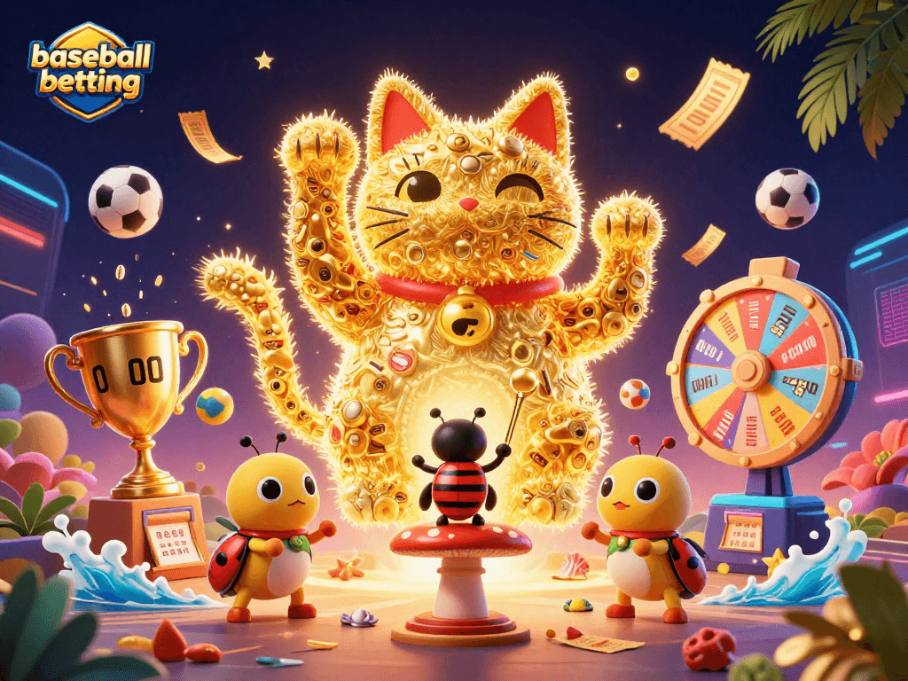 Engage in baseball betting with a dynamic scene featuring lively characters and sports elements.