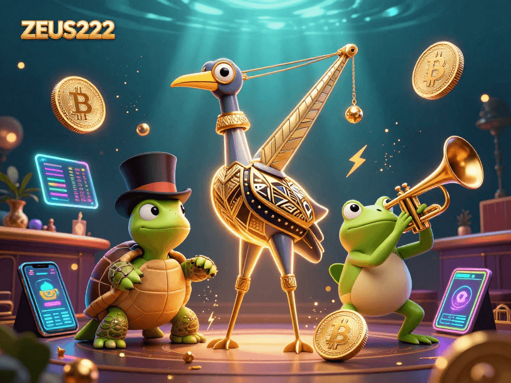 Engage with ZEUS222 gambling excitement through a vibrant 3D casino illustration featuring unique characters and crypto elements.