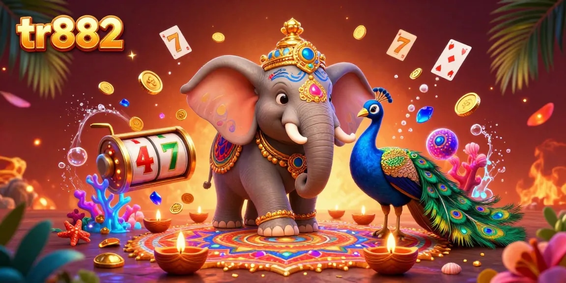 Experience thrilling wins with tr882 in a vibrant 3D casino illustration showcasing dynamic slot games.