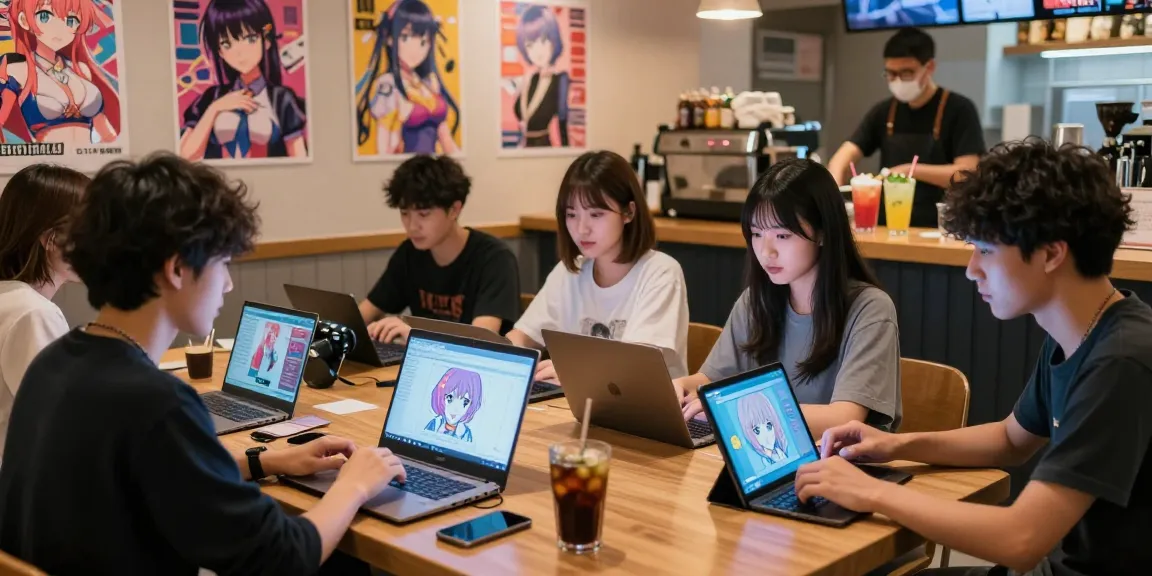 Engage in ecchi chat with diverse anime fans in a lively digital café.
