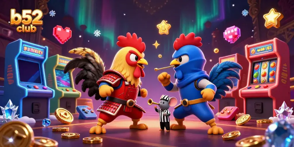 Engage with the dynamic standoff of fighting roosters in B52 Club's vibrant casino scene, filled with arcade game elements.