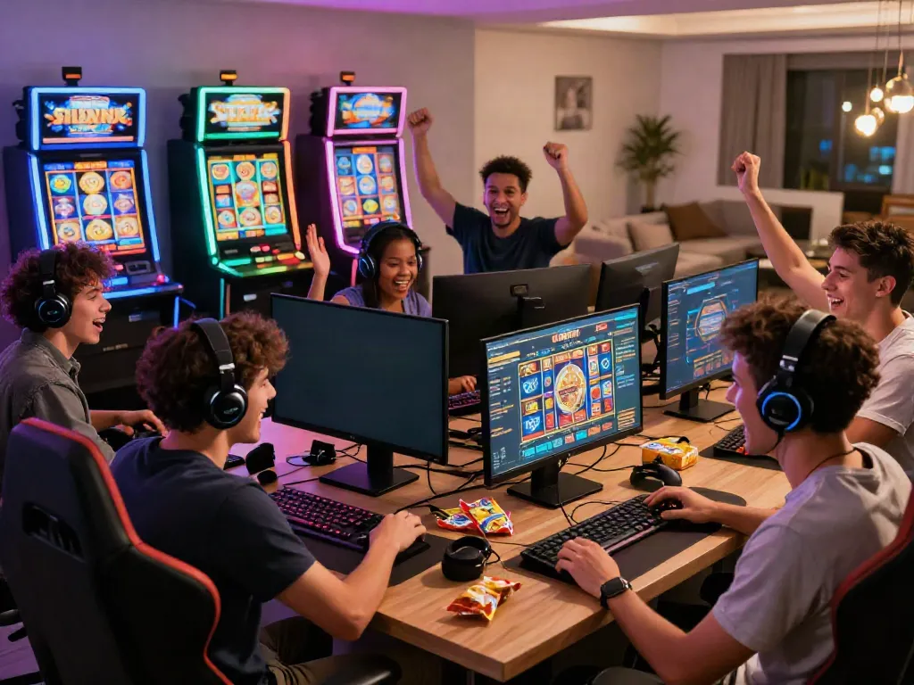 Celebrating a big win on tx88 with friends in a vibrant online casino setting
