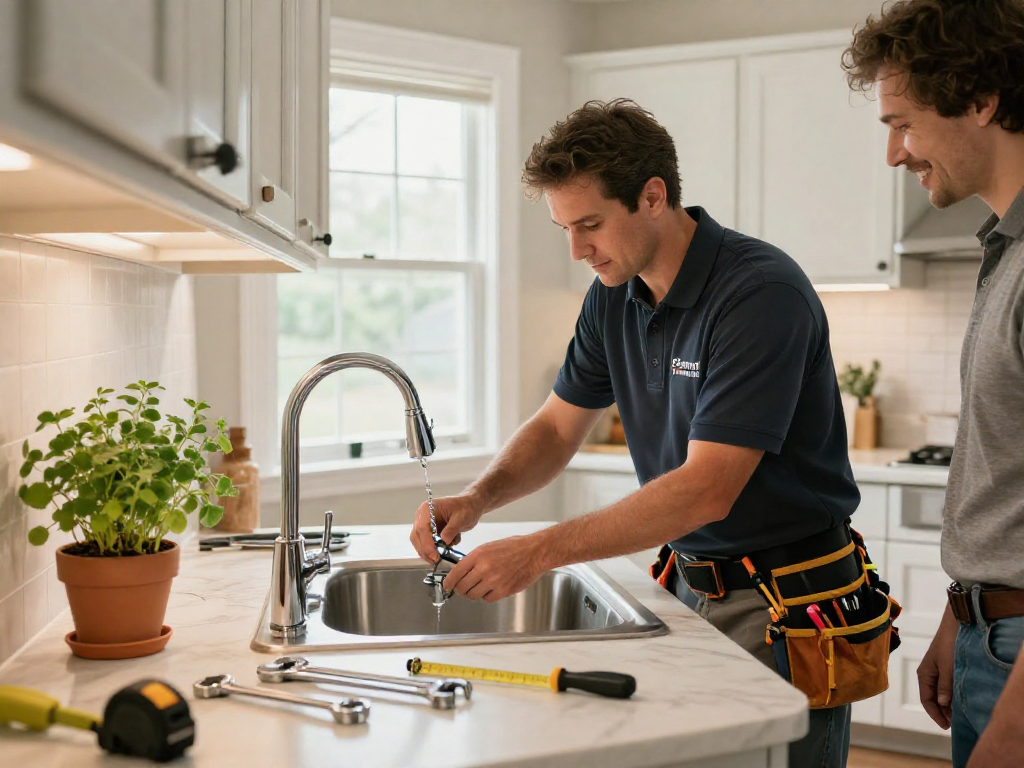 Plumber Fort Worth expertly installing a kitchen sink with modern fixtures in a bright home.