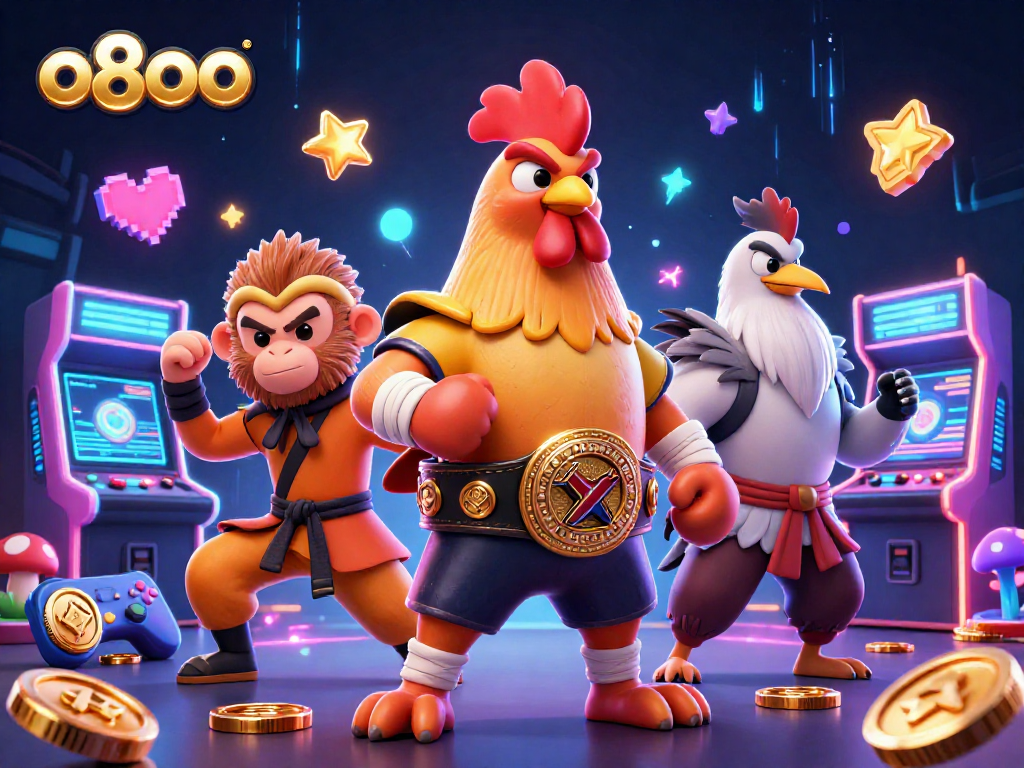 Experience thrilling gaming with o8oo featuring a Muay Thai rooster, Shaolin monkey, and wise crane in an electrifying casino scene.