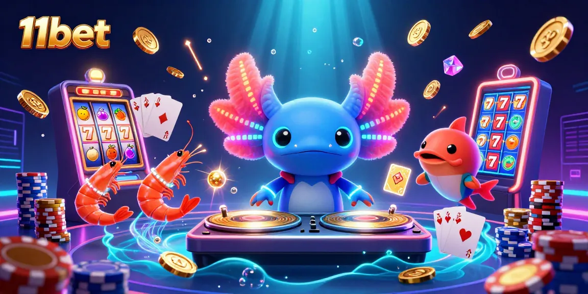 Experience vibrant underwater casino fun with 11bet featuring animated axolotl DJ and slot games