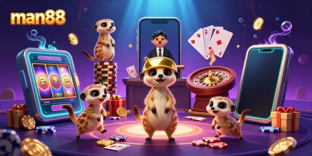 Experience the excitement of gaming with man88’s captivating meerkat-themed casino illustration.