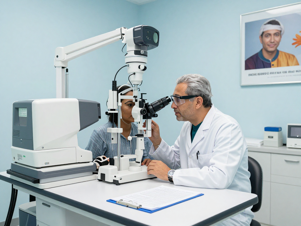 Cataract surgeon in UAE consulting patient in modern ophthalmology clinic, showcasing advanced medical technology and compassionate care.