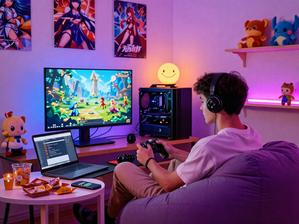 Engaged gamer playing hentai games in a cozy, colorful gaming room.