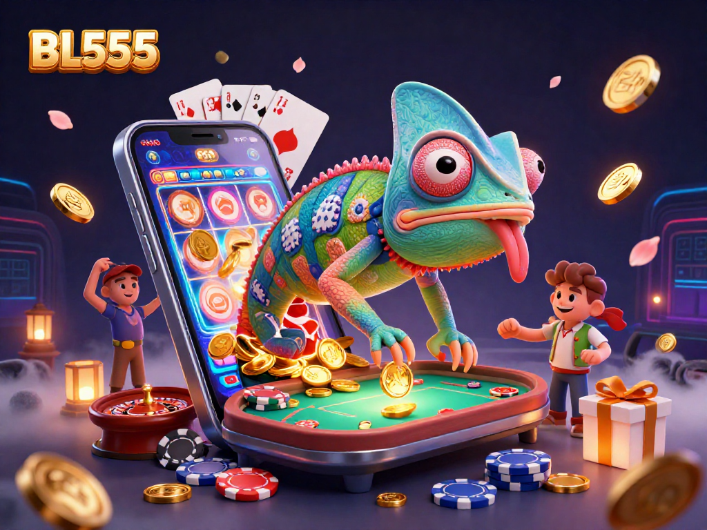 Engage with BL555 at the casino, where our vibrant chameleon owner delights in golden winnings!