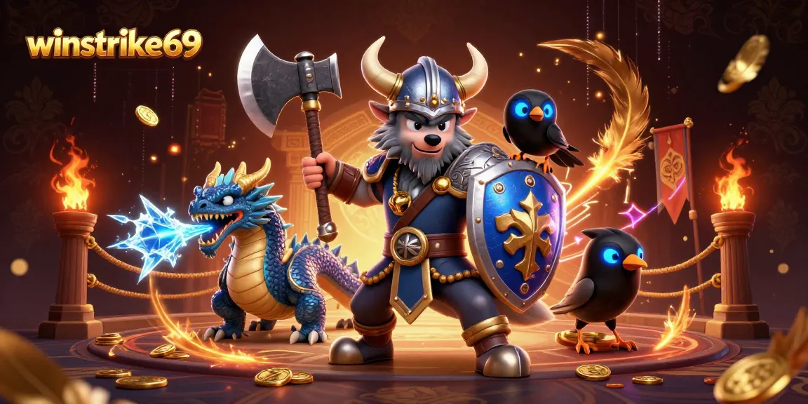 Engage with winstrike69's immersive gaming scene featuring a Viking warrior and dragon amidst casino elements.