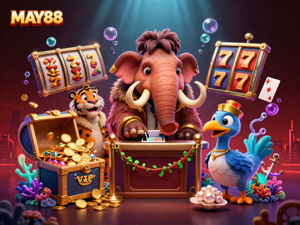 MAY88 casino scene featuring a woolly mammoth bouncer, saber-tooth tiger guest, and vibrant slot elements.