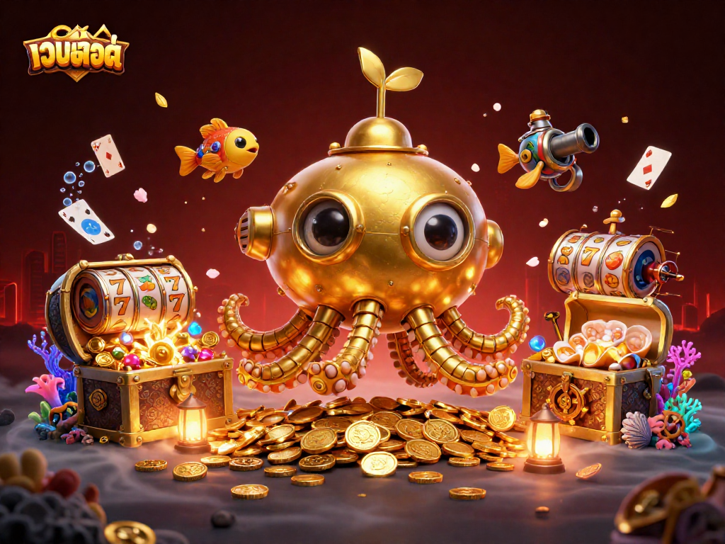 A vibrant scene showcasing เว็บสล็อต with a golden kraken submarine and mechanical fish amidst swirling gold coins and slot reels, emphasizing excitement.