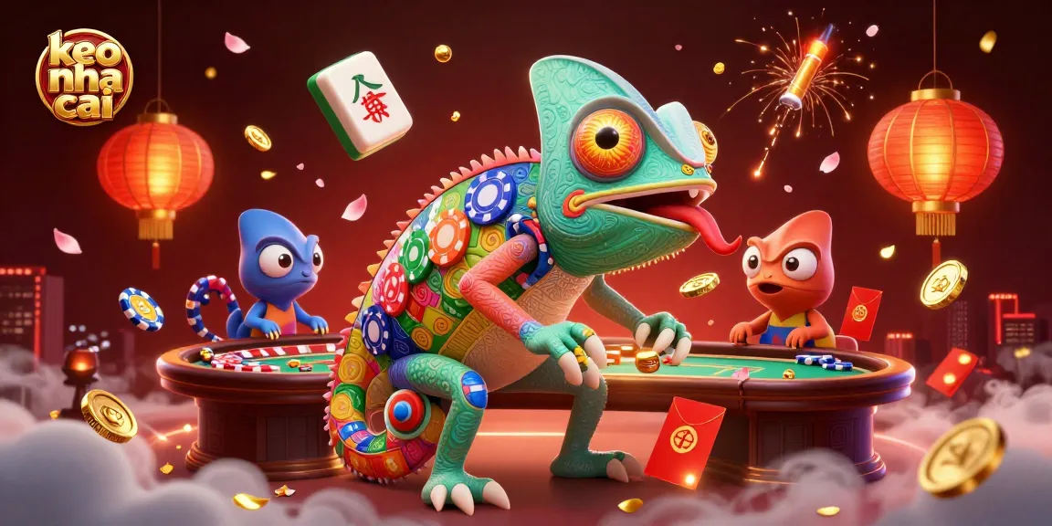 Engage in "keo nha cai" betting action with a colorful chameleon owner amidst lively casino elements.
