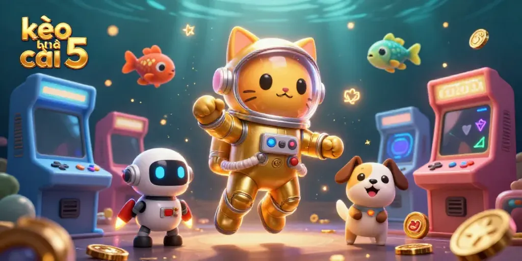 Engage with kèo nhà cái 5's vibrant space-themed illustration showcasing an astronaut cat and robot dog in a dynamic casino environment.