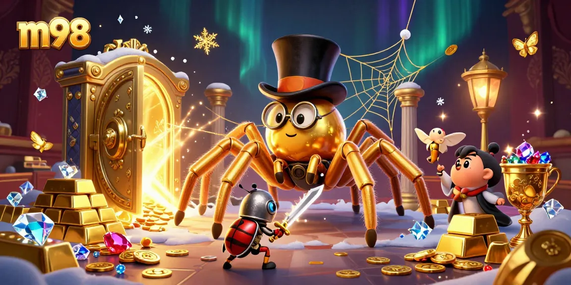 Experience m98 excitement with a golden tarantula and beetle knight in a vibrant casino scene.