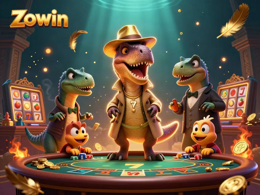 Experience exhilarating blackjack action at Zowin with cartoon dinosaurs in a dynamic casino scene.