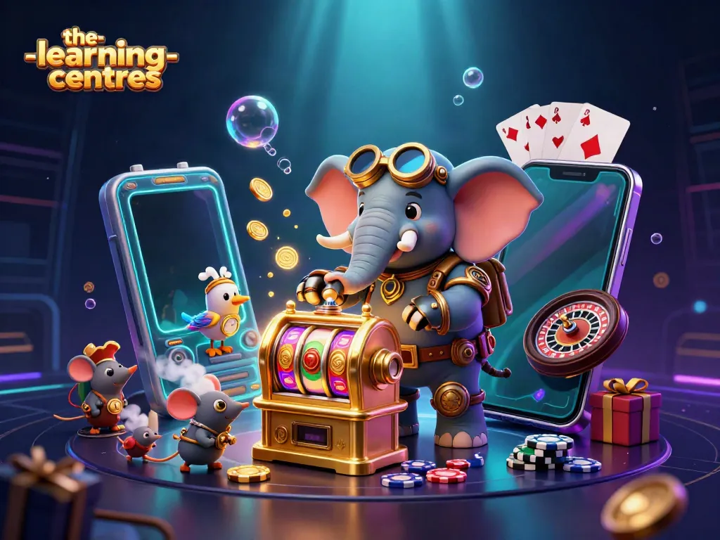 The-learning-centres showcases an exciting casino scene with a steampunk elephant operating a slot machine amidst vivid game elements.