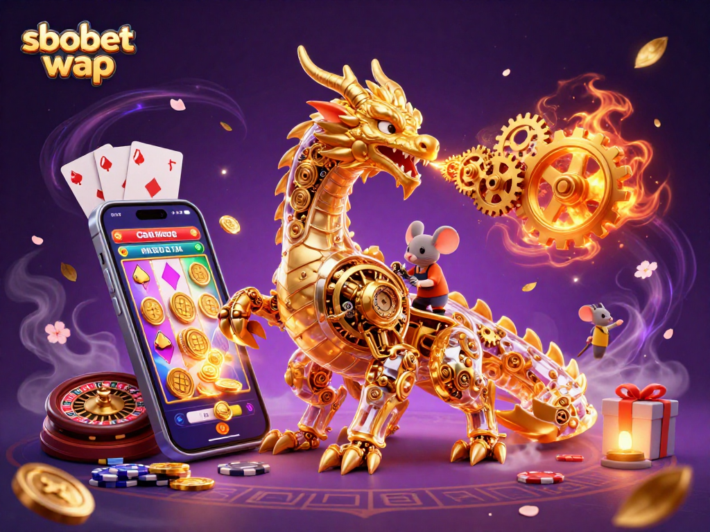 Experience thrilling sbobet wap action with a biomechanical dragon amidst vibrant sports betting elements.
