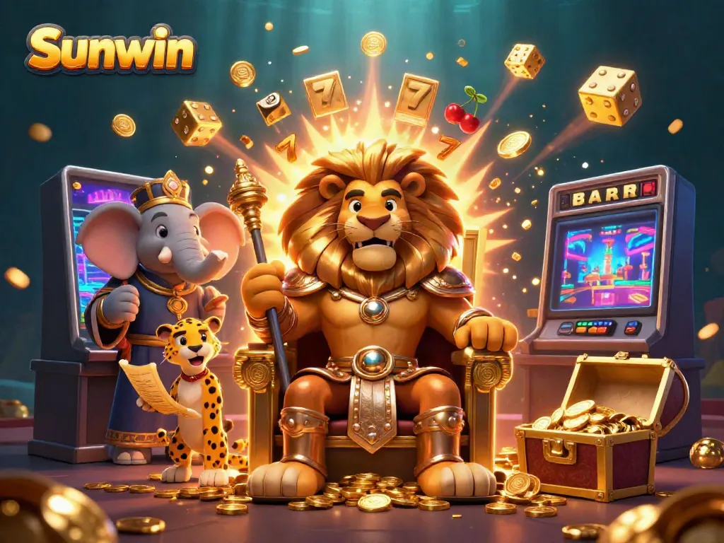 Sunwin's vibrant slot game scene featuring a lion king and magical jackpots.