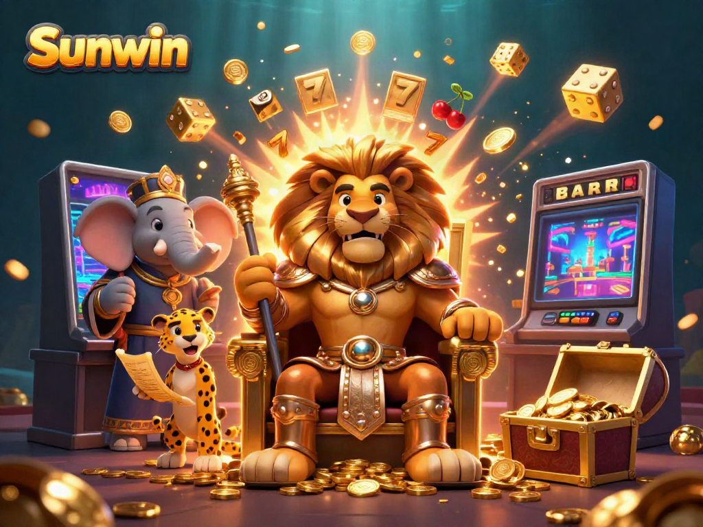 Sunwin's vibrant slot game scene featuring a lion king and magical jackpots.