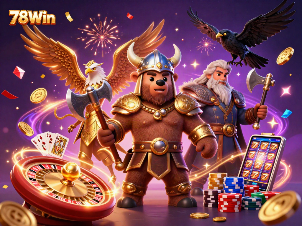 Bet on thrilling slots with 78Win's vibrant 3D casino scene featuring dynamic game elements.