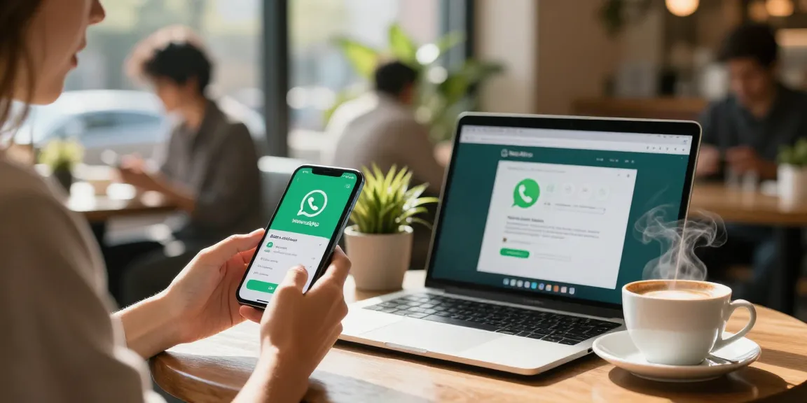 WhatsApp下載 interface displayed on smartphone in a café setting highlighting modern communication.