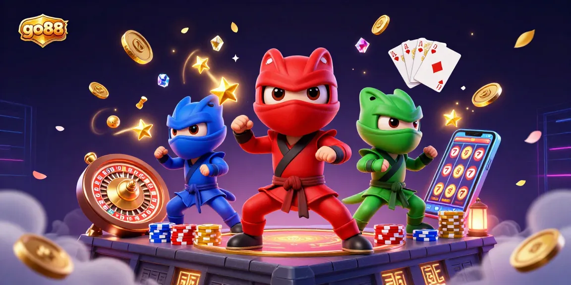 Win big with go88 in this vibrant 3D illustration of ninja chameleons amidst cascading coins and a spinning roulette wheel