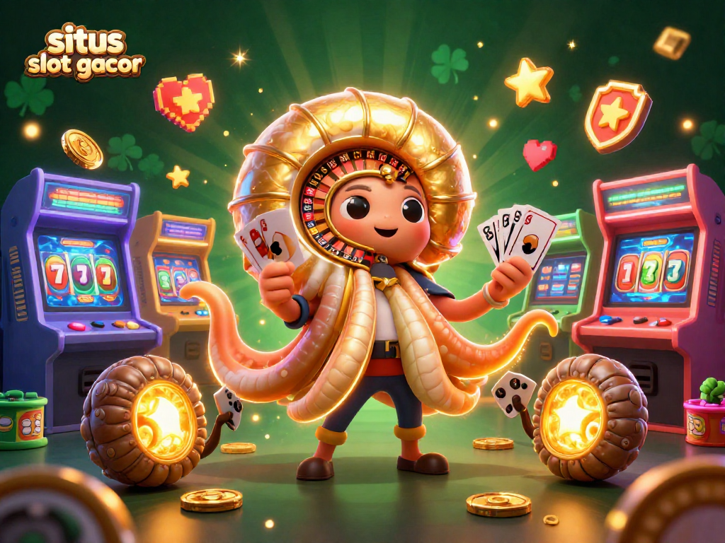 Engage with situs slot gacor in a vibrant 3D casino scene featuring a giant nautilus roulette and glowing game elements.