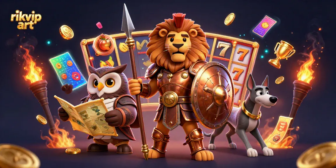 Experience thrilling gameplay with rikvip art featuring a Spartan lion and vibrant casino elements.