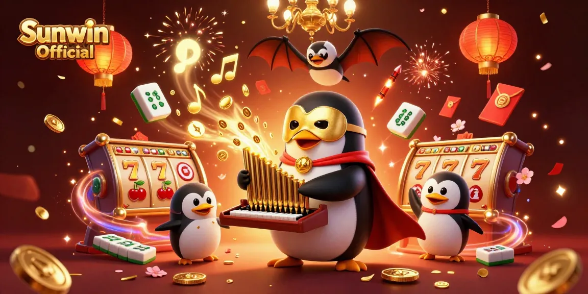 Engage in exciting gaming with the Sunwin Official penguin organist amid vibrant slot elements and festive effects.
