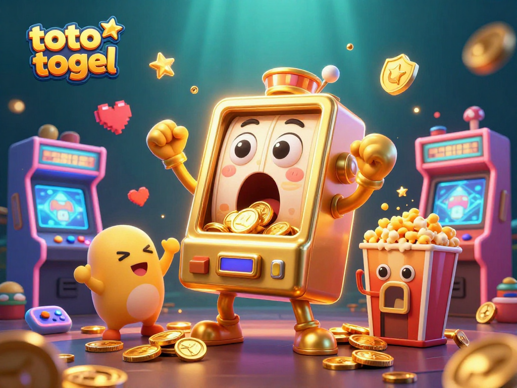 Immerse in the vibrant world of toto togel with a golden slot machine hitting a jackpot, coins pouring out in celebration.