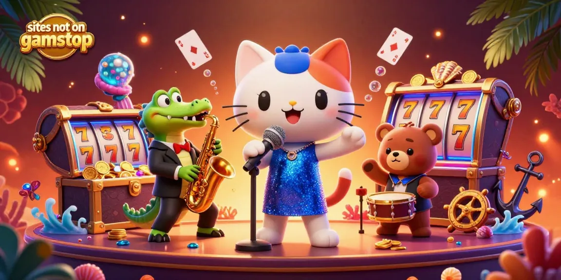 Experience exciting wins at sites not on gamstop with a jazzy 3D scene of colorful casino characters.