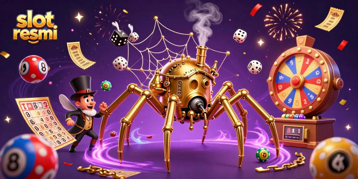 Engage with slot resmi in this lively scene featuring a steampunk spider and lottery elements.