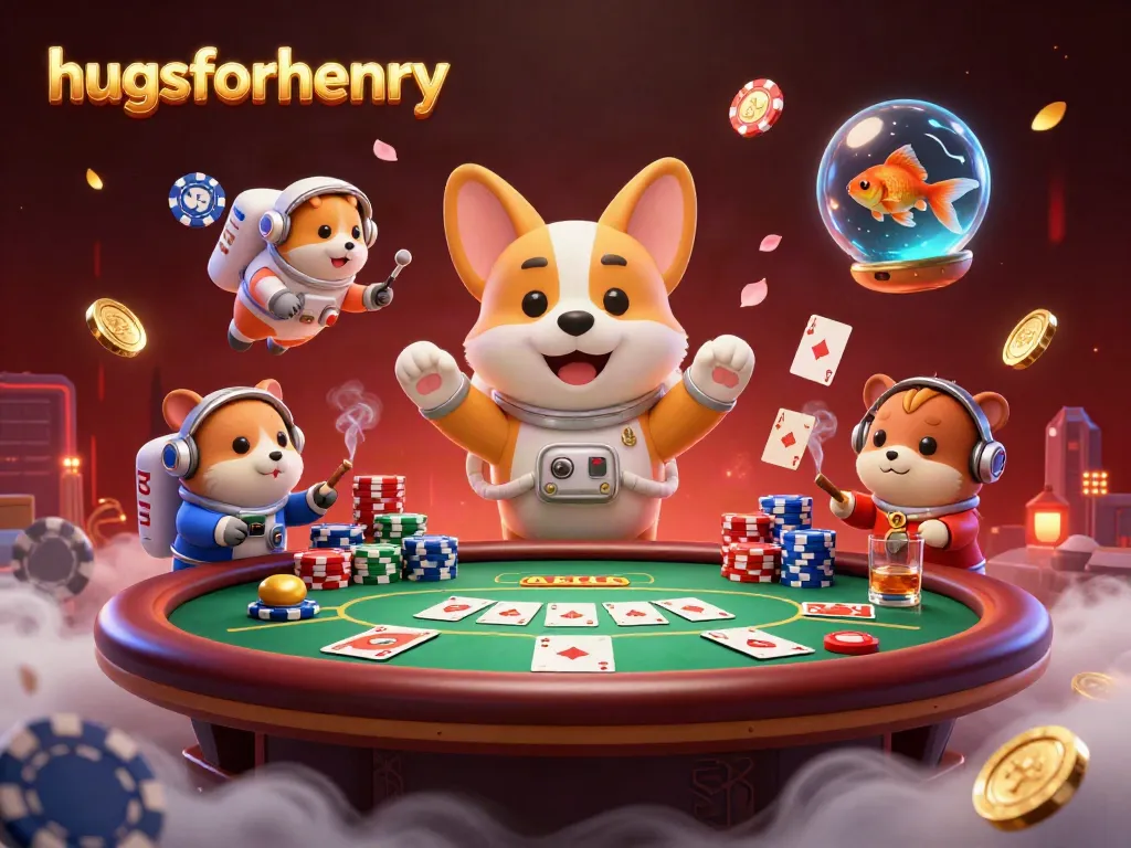 Experience the lively space casino with hugsforhenry characters winning amidst drifting poker chips and coins.