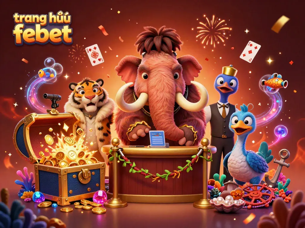 Experience the excitement at trang chủ febet with a vibrant 3D illustration featuring a mammoth bouncer and VIP guests.