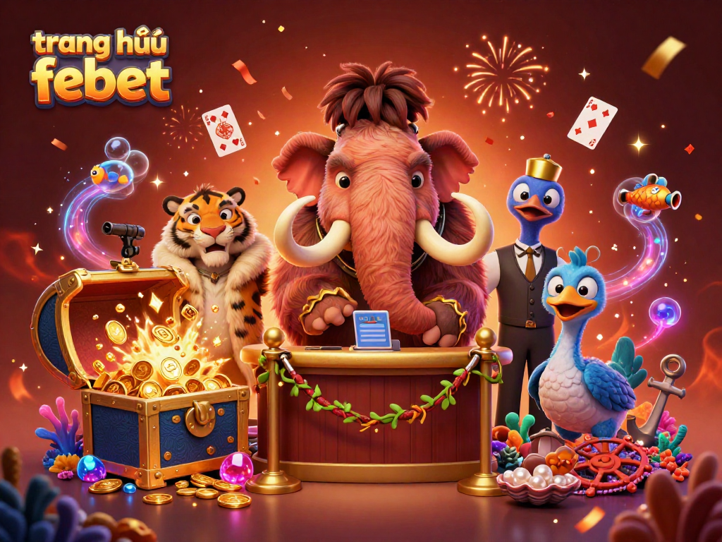 Experience the excitement at trang chủ febet with a vibrant 3D illustration featuring a mammoth bouncer and VIP guests.