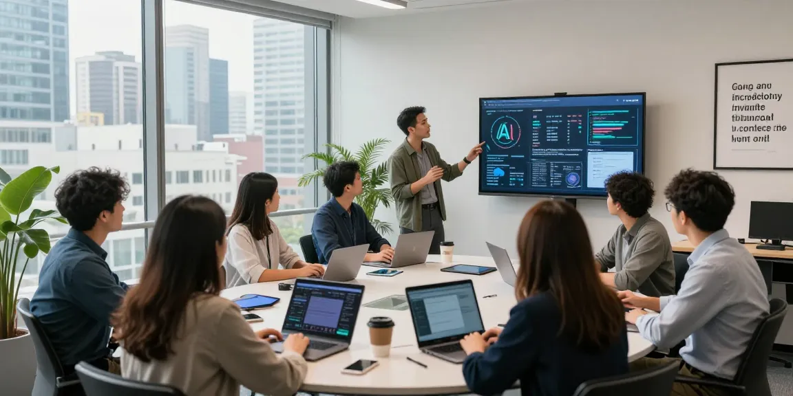 Diverse professionals in vibrant startup office collaborating on AI startups 2026 project ideas with laptops and presentations.