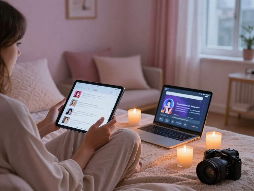Engaging individual using sex AI technology on a tablet in a cozy bedroom setting.