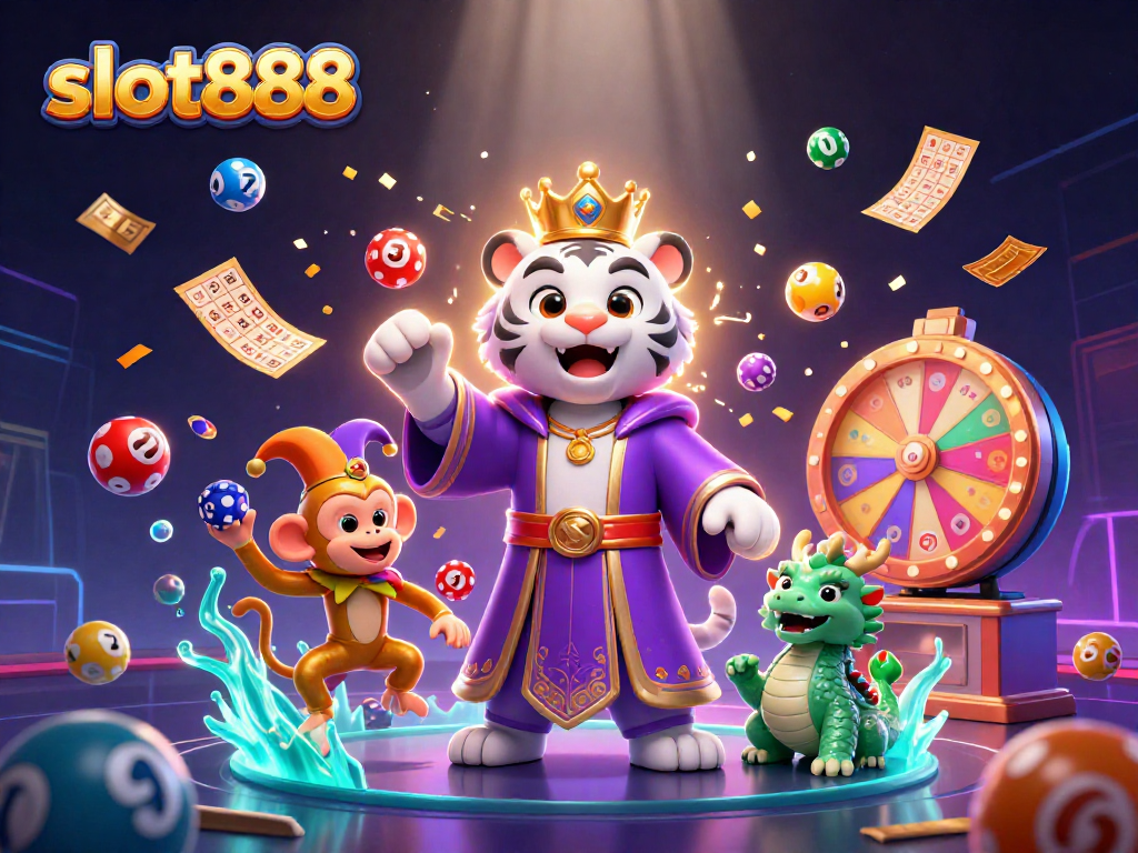 Memenangkan permainan di slot888 dengan ilustrasi karakter unik, harimau putih bergaya kerajaan dan monyet yang bersenang-senang.
