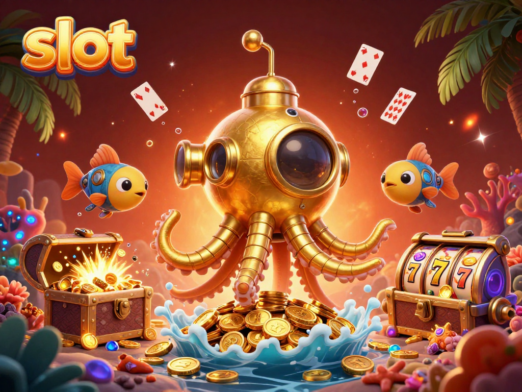 Explore the exciting world of slot games with a vibrant underwater scene featuring golden kraken and coins.