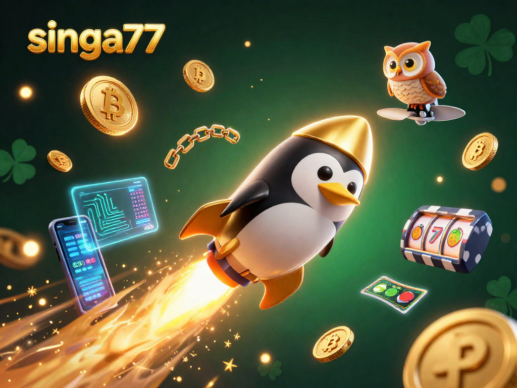 Singa77's animated rocket-powered penguin soars toward a vibrant casino, showering golden coins in its wake.