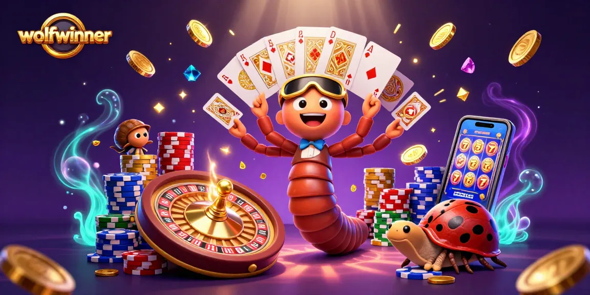 Experience excitement at wolfwinner with a 3D millipede dealer, roulette wheel, and golden coins.