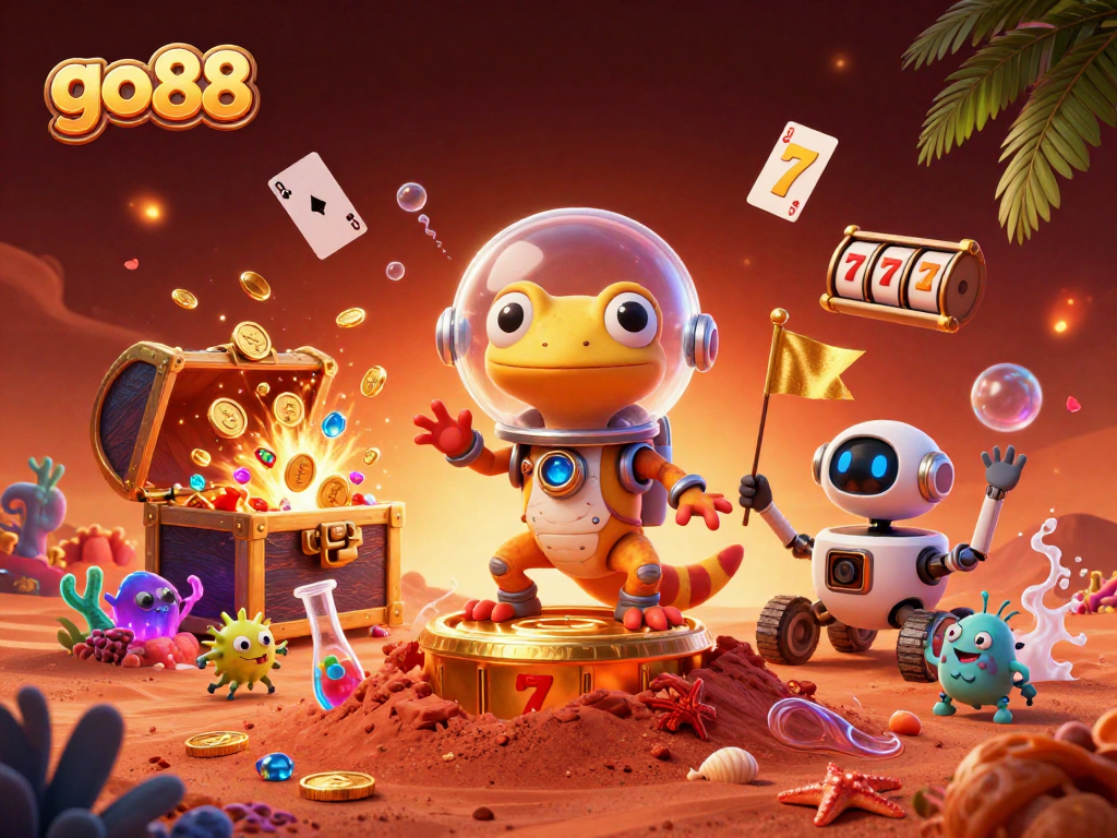 Experience the excitement of go 88 with a Martian gecko discovering a golden casino amidst vibrant treasures.